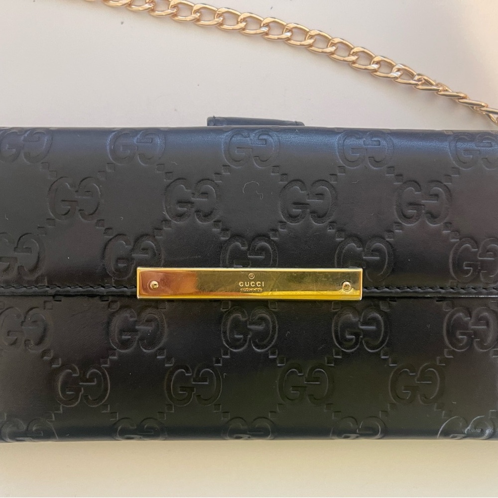 Gucci Black Embossed Leather Clutch with Gold Chain